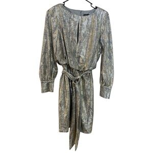 Vince Camuto Metallic Gold Silver Long Sleeve Tie Waist Shift Dress size 4 NYE